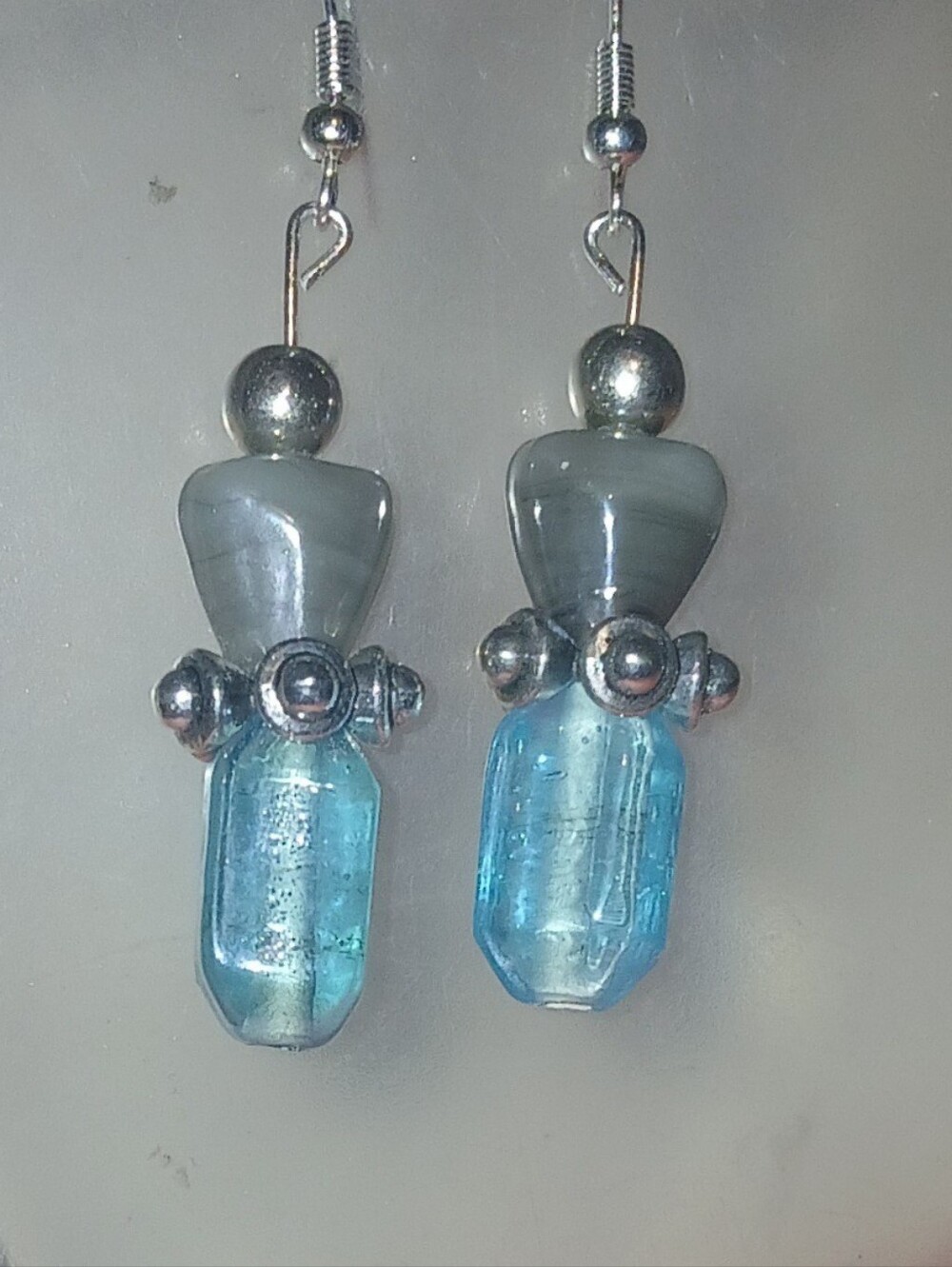 Hand Cragted Blue Glass and Gray Bead Drop Earrings